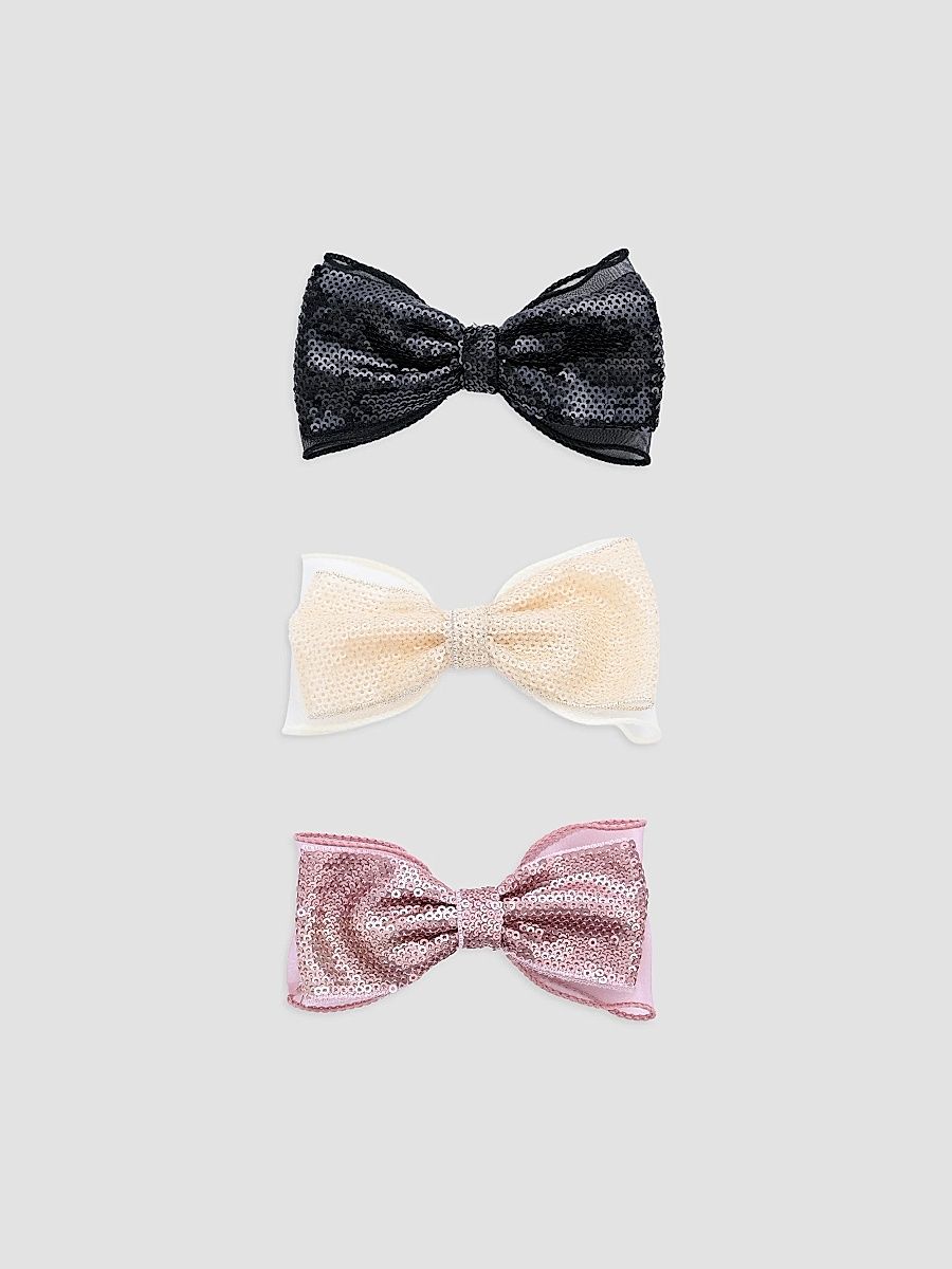 Girl's Sequin Bow Hair Clip Set - Black Yellow Pink