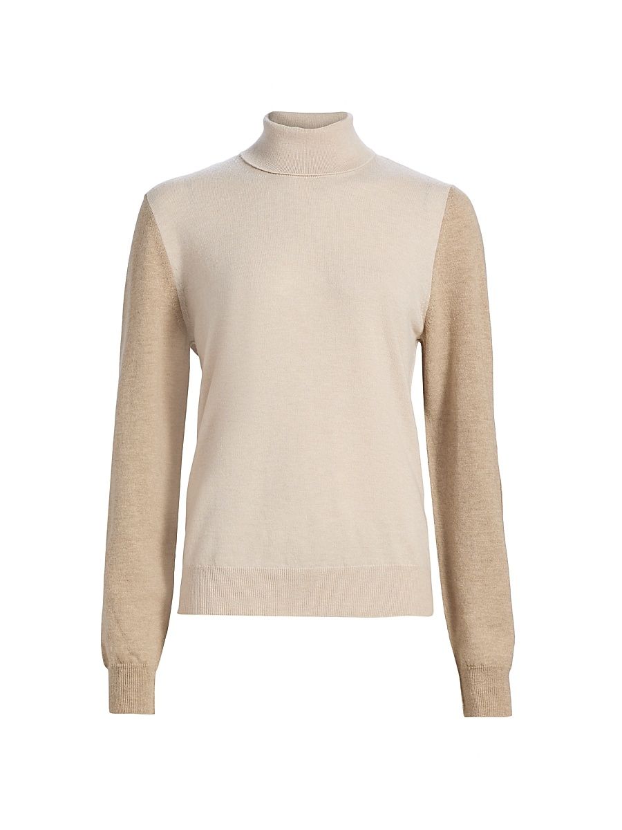 Women's Tonal Colorblocked Wool Sweater - Beige Camel - Size XS