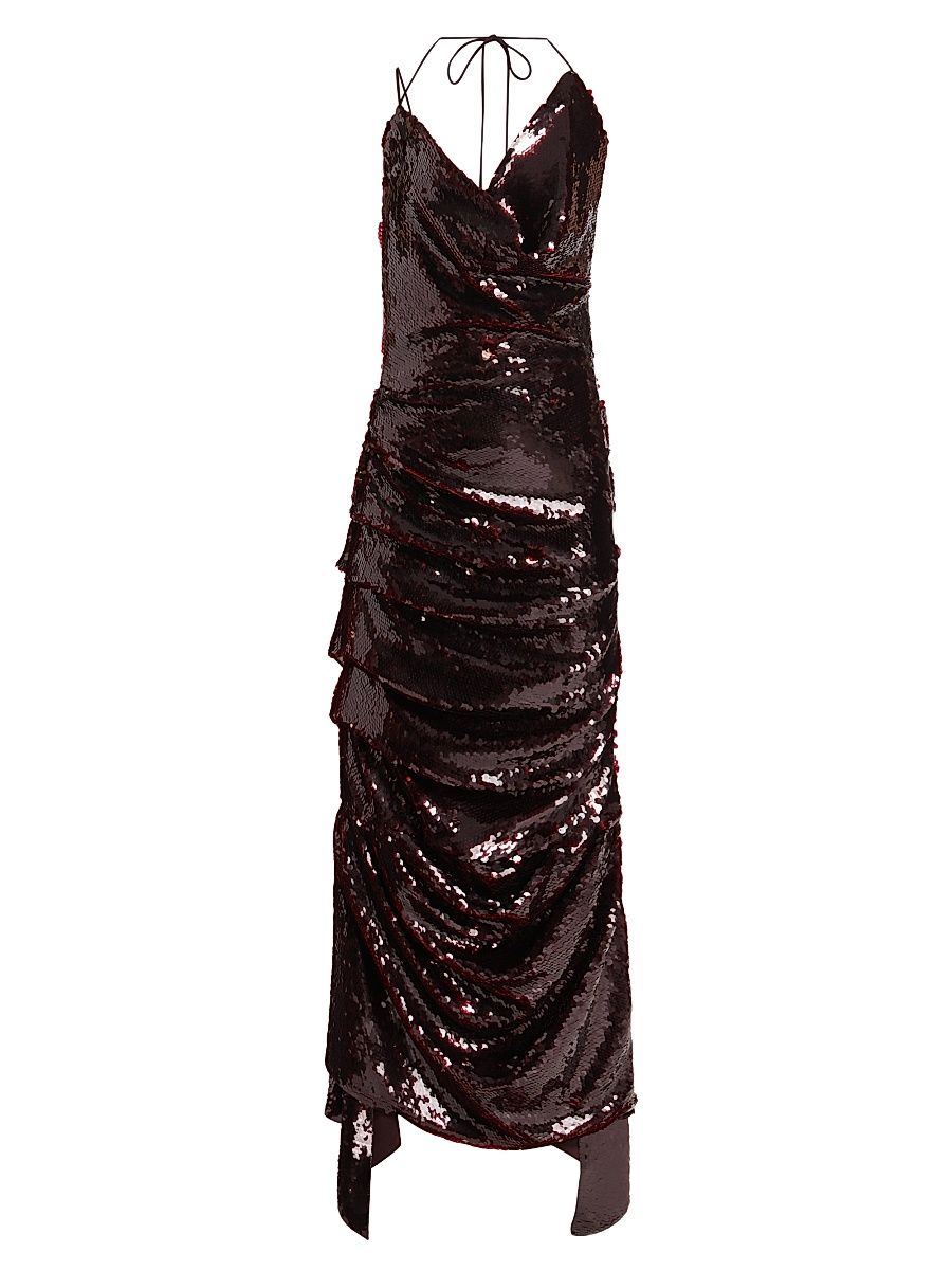 Women's Sequined Fitted Asymmetric Ruched Gown - Burgundy - Size 8