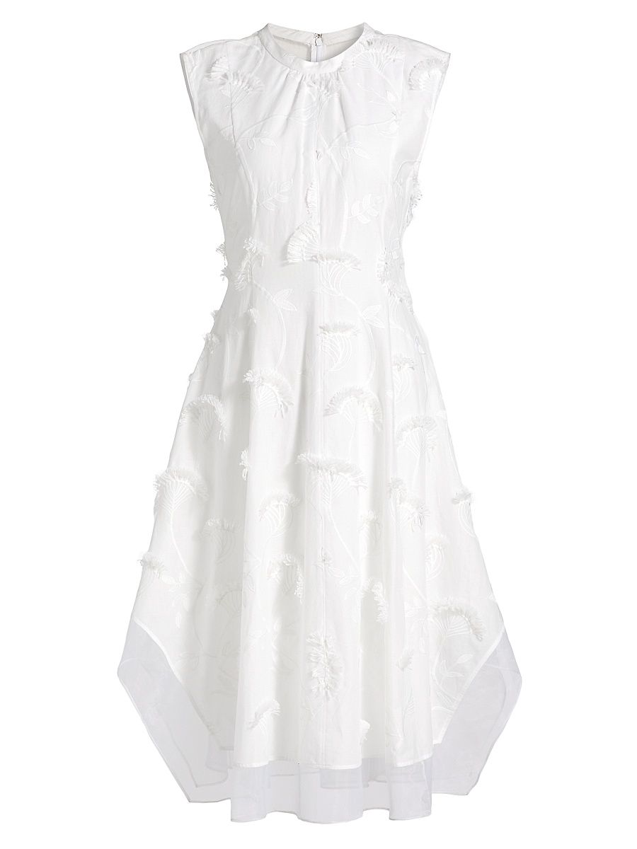 Women's Embroidered Cotton Voile & Chiffon Knee-Length Dress - White - Size 10