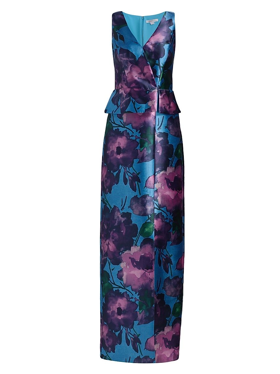 Women's Celeste Floral Mikado Column Gown - Spring Aqua Multi - Size 18