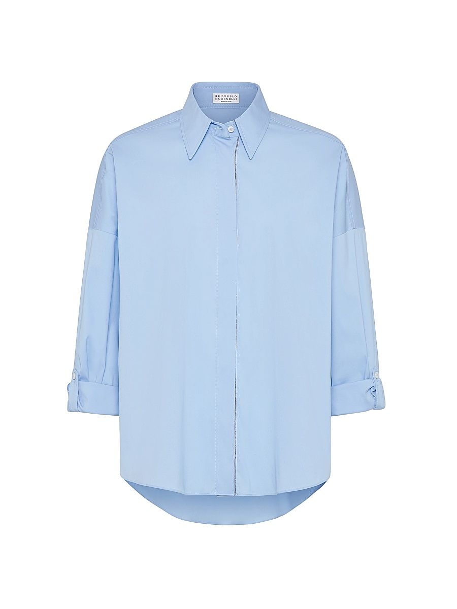 Women's Stretch Cotton Poplin Shirt with Shiny Trim - Sky Blue - Size Medium