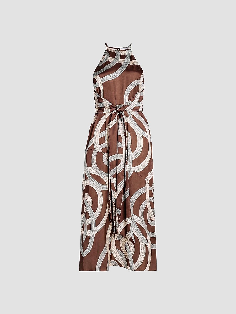 Women's Lisa Printed Tie-Waist Halter Midi-Dress - Chocolate Halo - Size XL