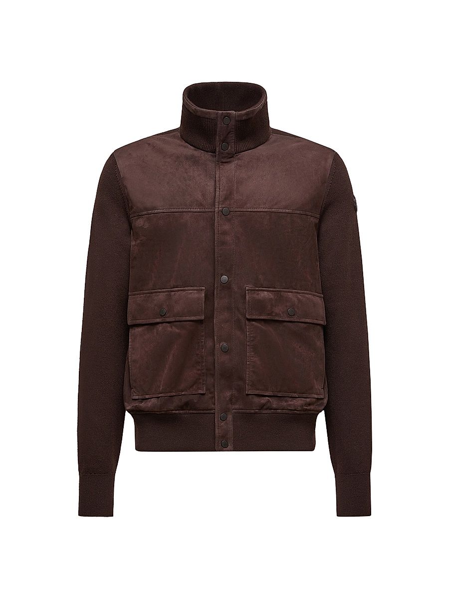 Men's Cardigan in Wool and Suede - Brown - Size XXL