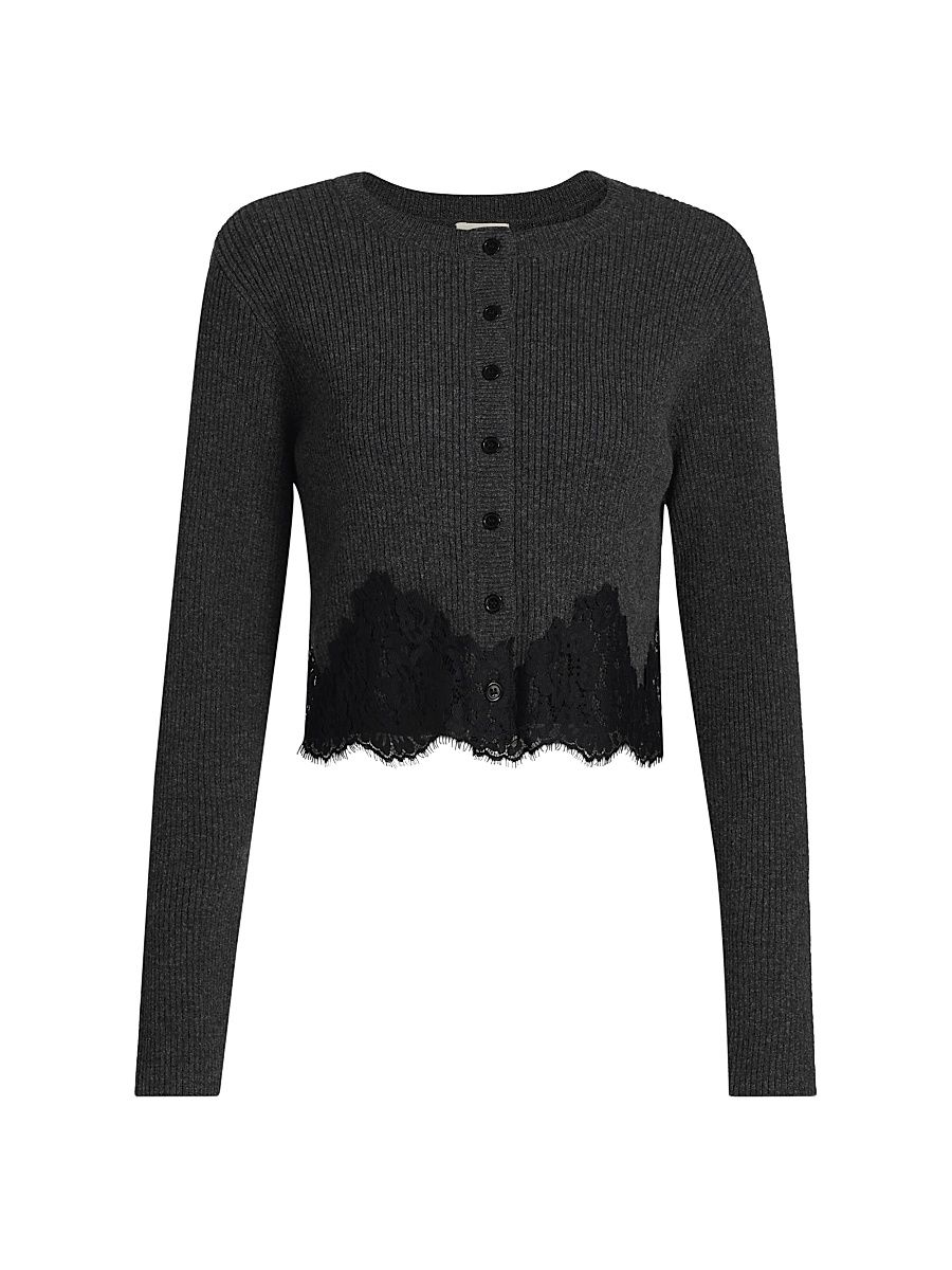 Women's Ribbed Merino Wool Lace-Trim Crop Cardigan - Carbon - Size XL