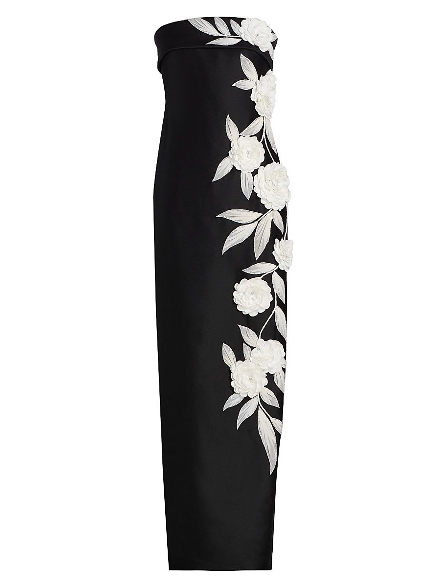 Women's Floral-Embroidered Stretch Mikado Column Gown - Black White - Size 0