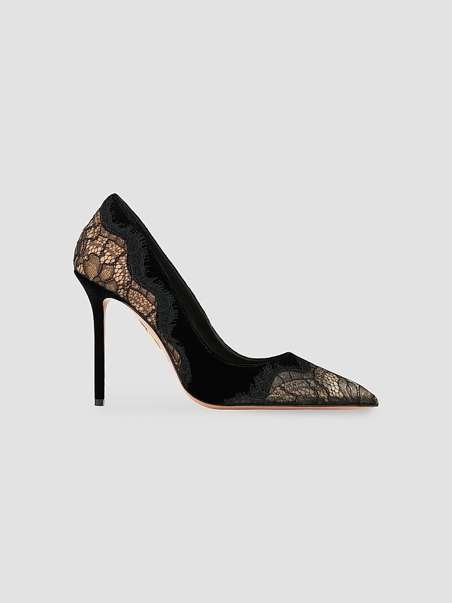 Aquazzura Women's Meadow 105MM Lace & Suede Pumps - Black - Size 9