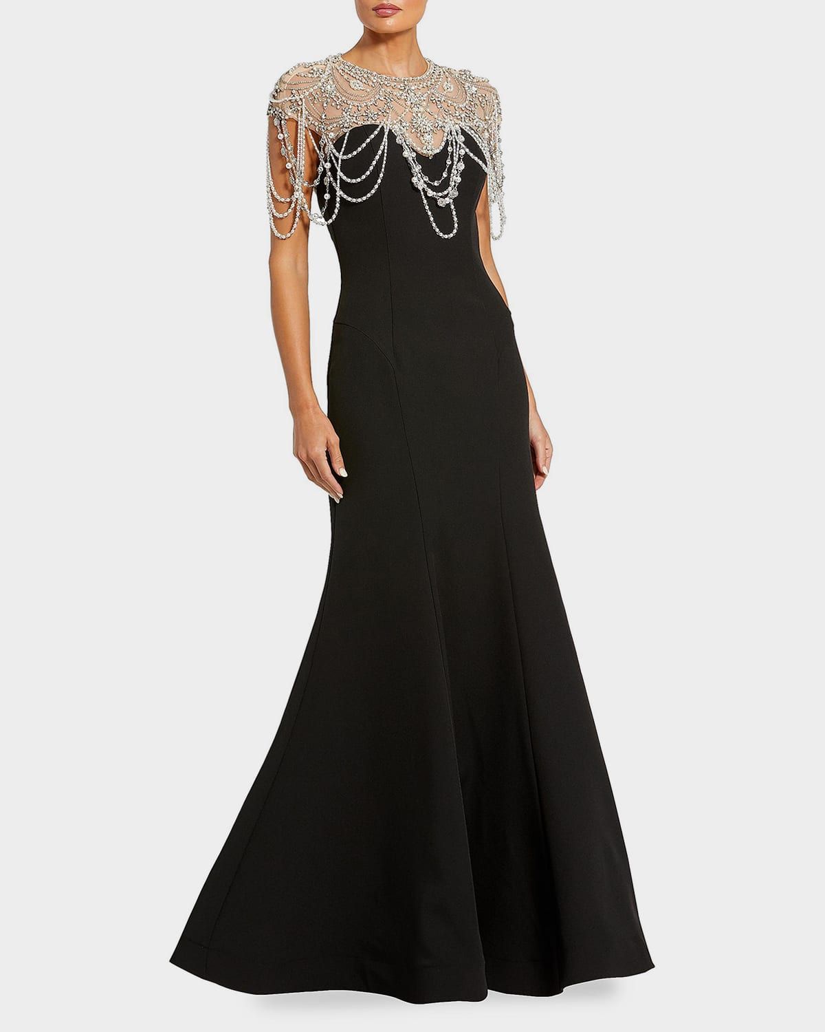 Beaded Cap-Sleeve Mermaid Gown