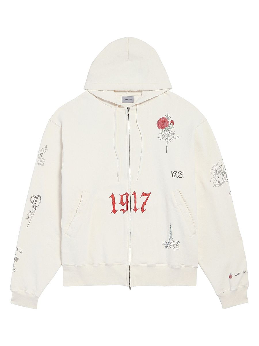 Men's Tattoo Oversized Zip-Up Hoodie - Cream - Size XS