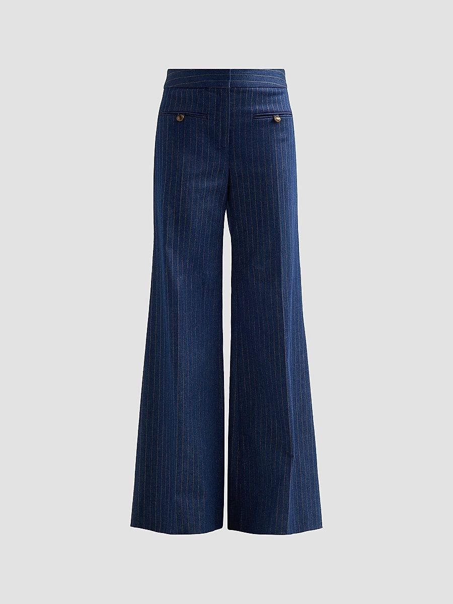 Women's Ledger Striped Cotton-Blend High-Rise Flared Pants - Medium Indigo Copper - Size 14