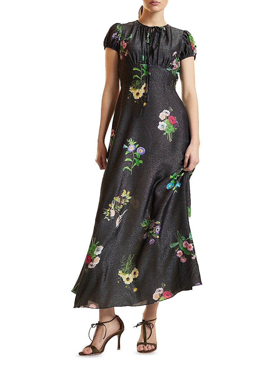 Women's Printed Puff Sleeve Midi-Dress - Black Floral - Size 0