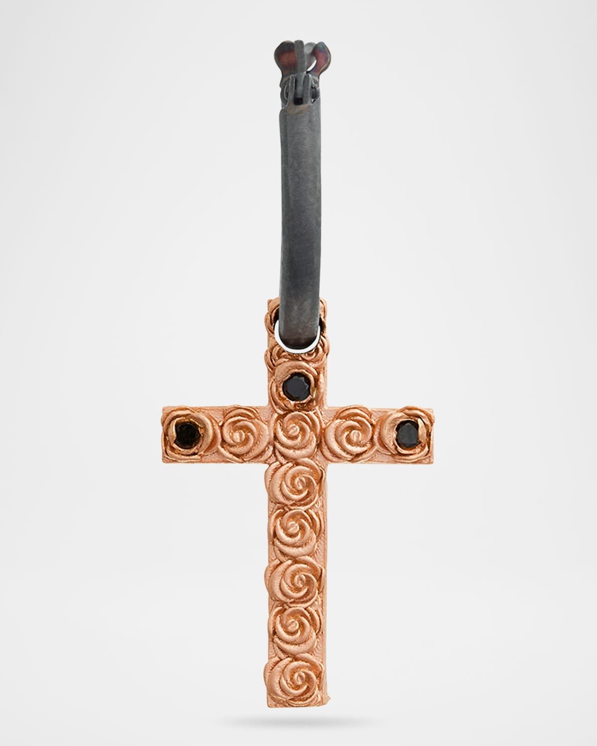 Men & apos;s The Cross Bed of Roses Mono Earring in Oxidized Silver and 18K Rose Gold Vermeil with Black Diamonds, Single