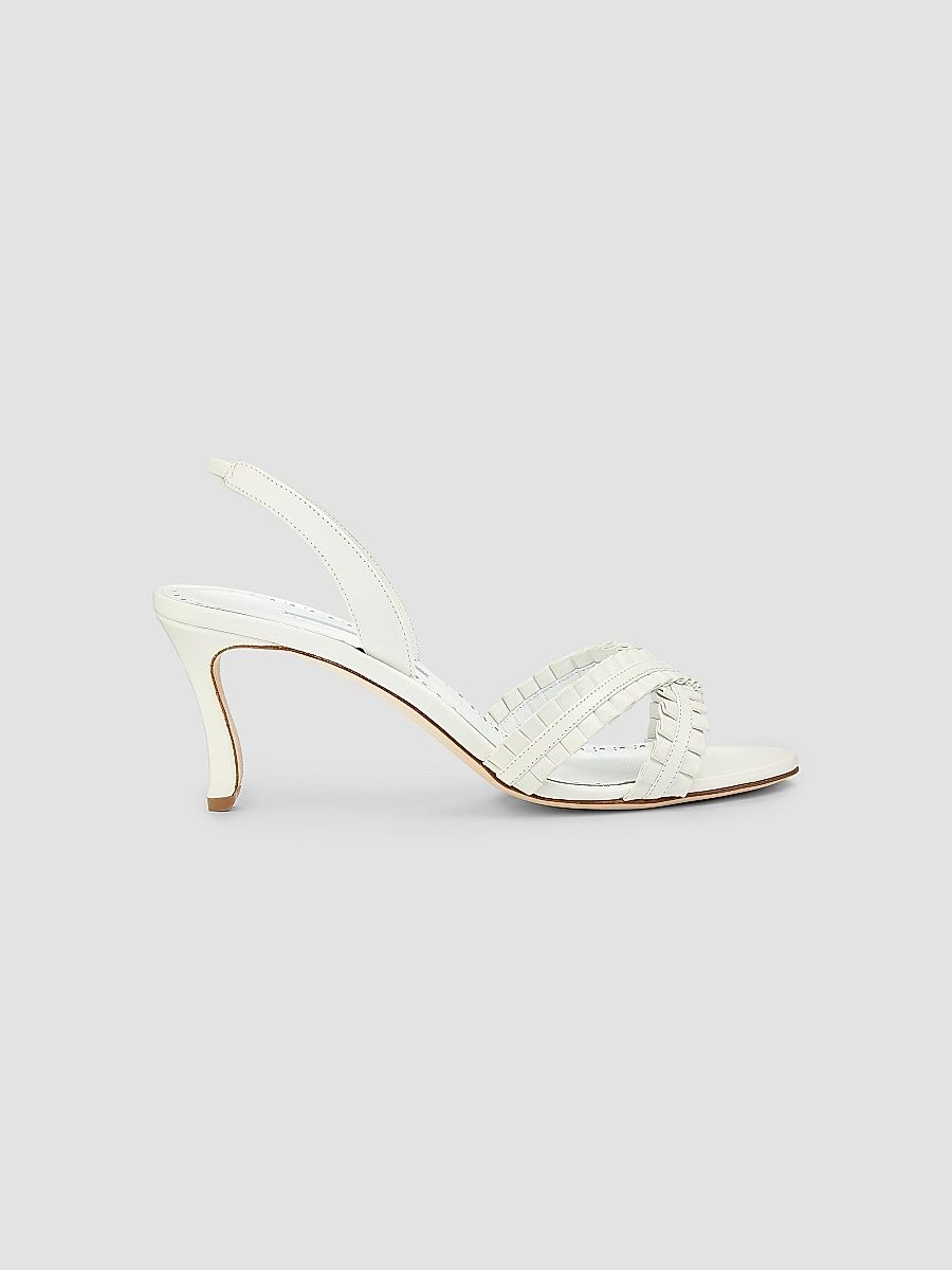 Manolo Blahnik Women's Volusan 70MM Leather Slanted-Heel Sandals - White - Size 6