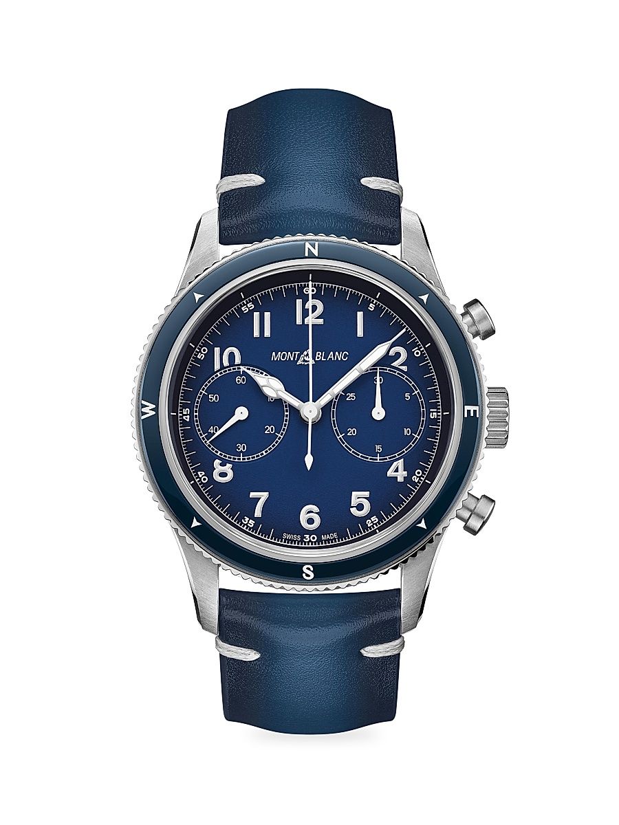 Men's 1858 Stainless Steel & Leather Strap Chronograph Watch - Blue