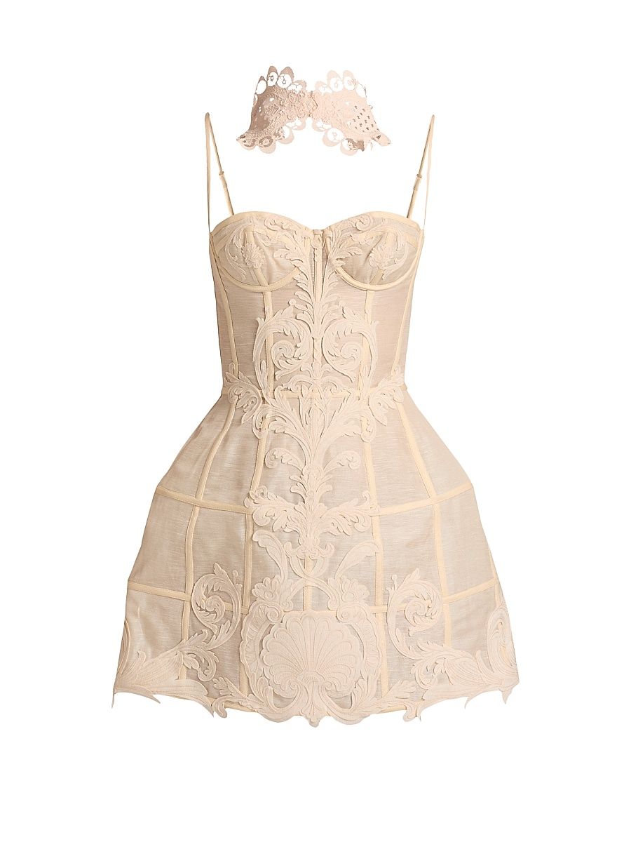 Women's Rebellion Filigree Linen-Silk Corset Minidress - Cream - Size 10