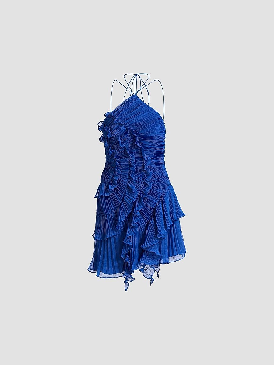 AMUR Women's Velora Asymmetric Ruffled Halterneck Minidress - Cobalt - Size 8
