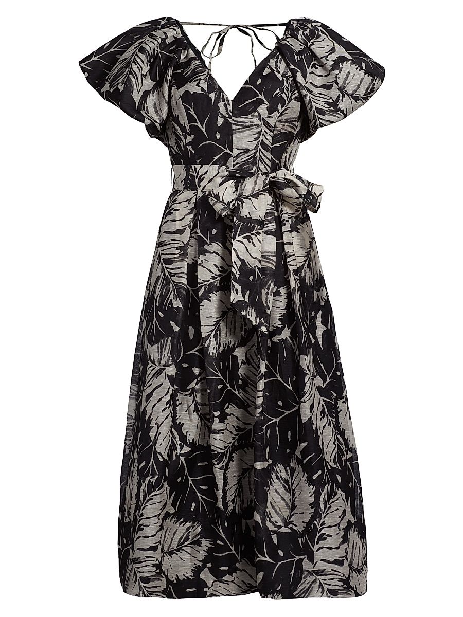 Women's Leaf Print Silk-Linen Cocktail Dress - Black Ivory - Size 18