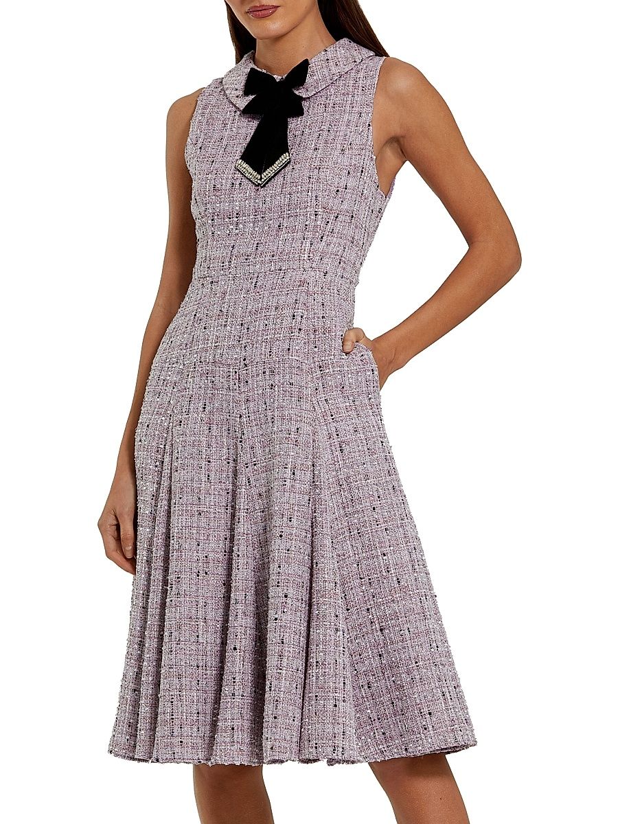 Women's Sleeveless Bouclé Midi-Dress With Bow - Lilac Multi - Size 14