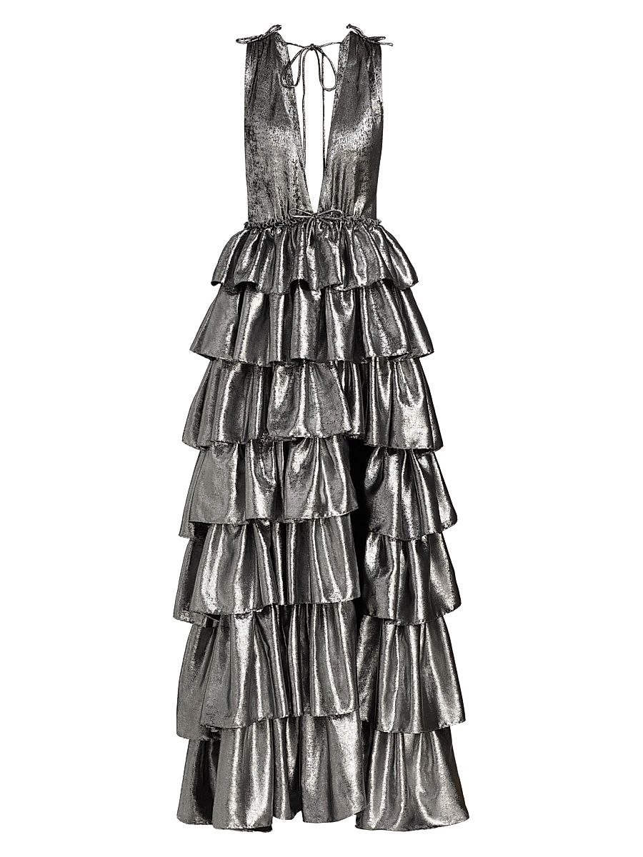 Women's Henriette Metallic Ruffled Tiered Sleeveless Gown - Gunmetal - Size 12
