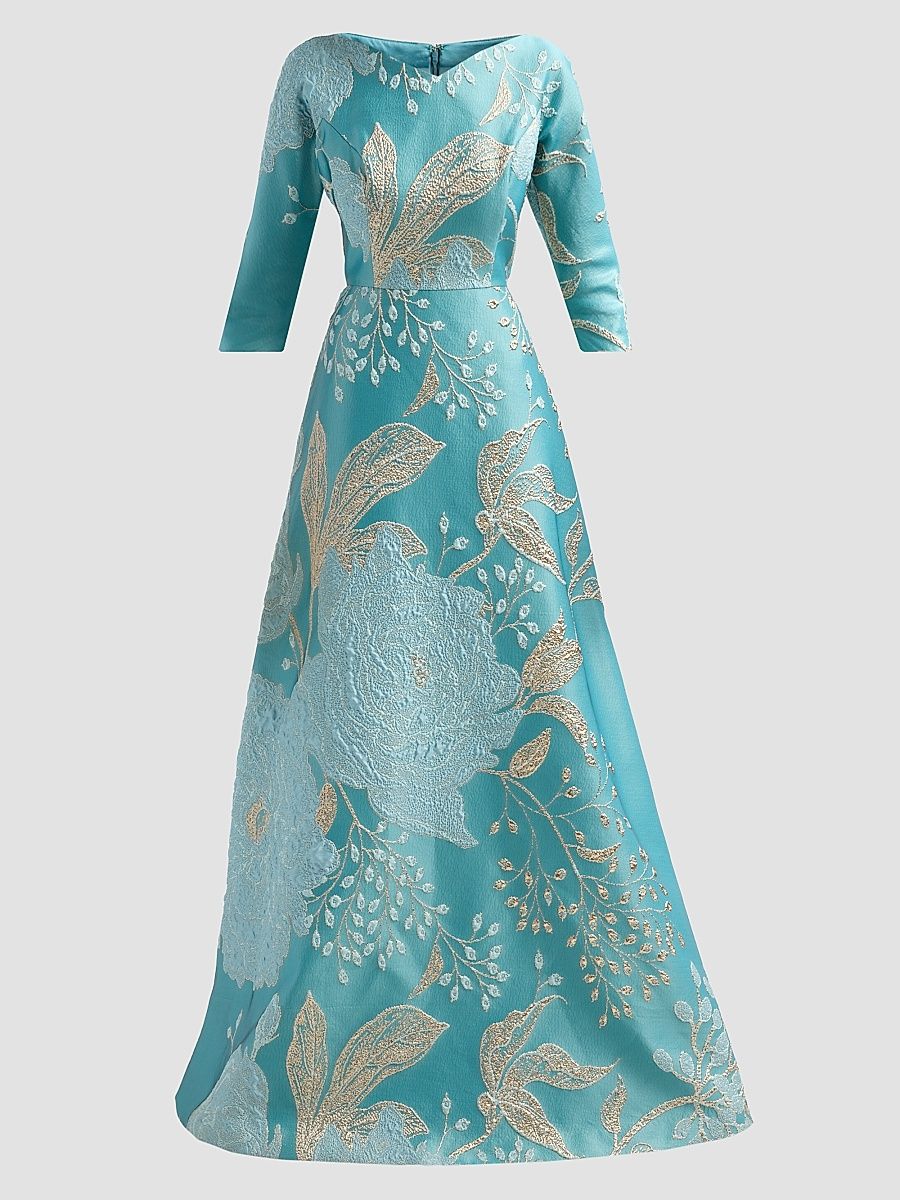 Women's Floral Metallic Jacquard Ballgown - Turquoise Multi - Size 18