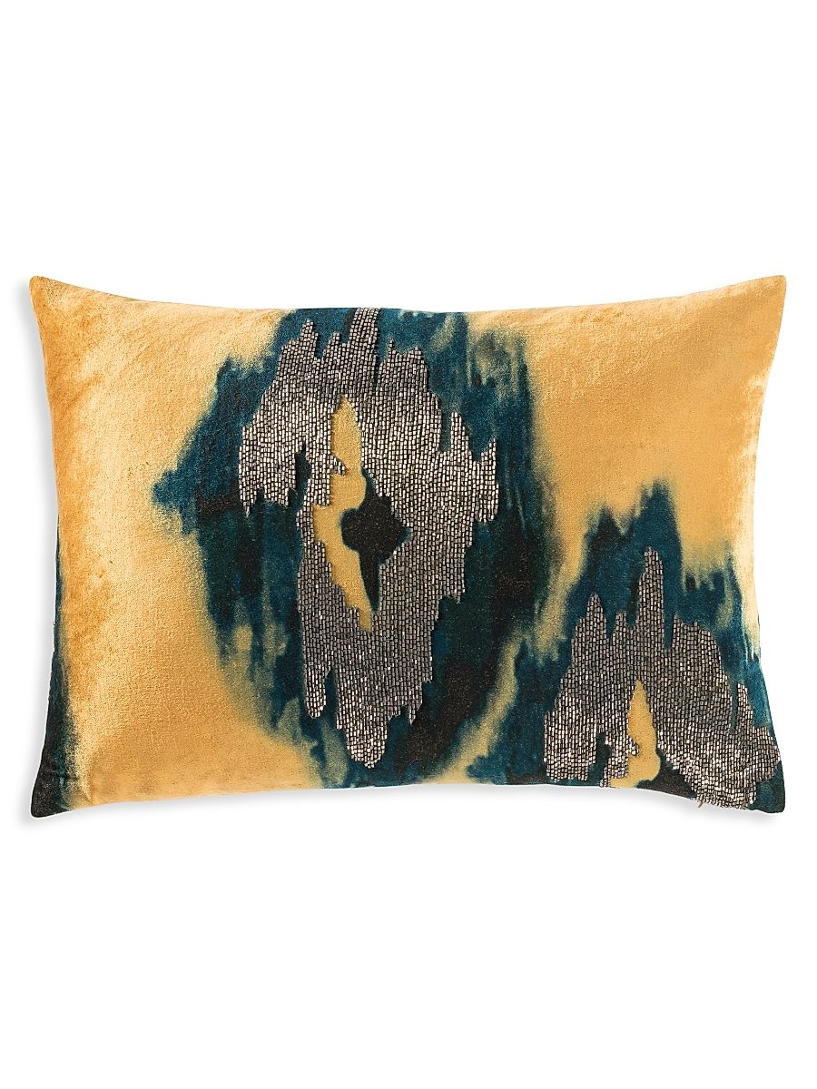 Jade Ikat Beaded Velvet Pillow - Mustard