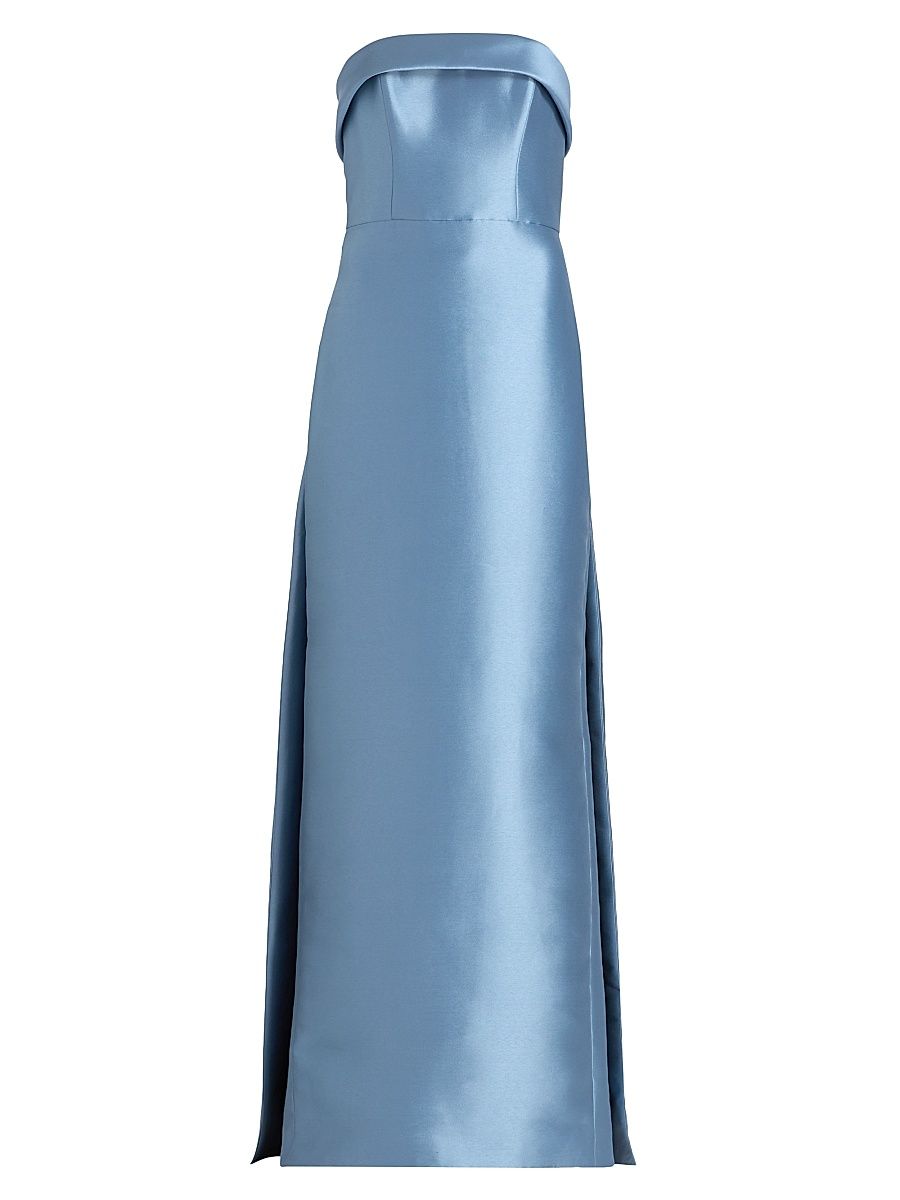 Women's Strapless Satin Embellished-Train Gown - Smokey Blue - Size 6