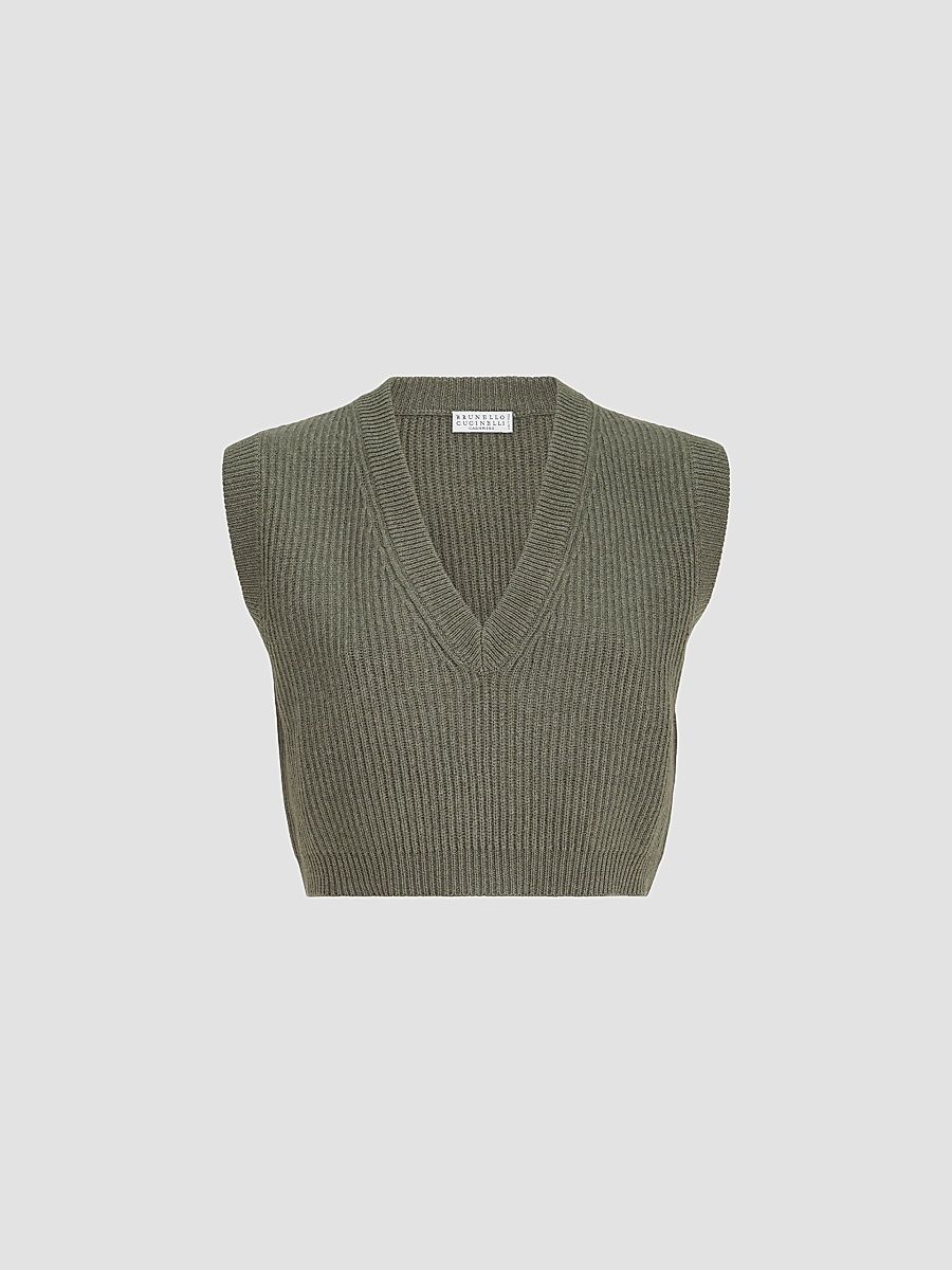 Women's Cashmere Rib Knit Sweater Vest - Origano - Size XXS