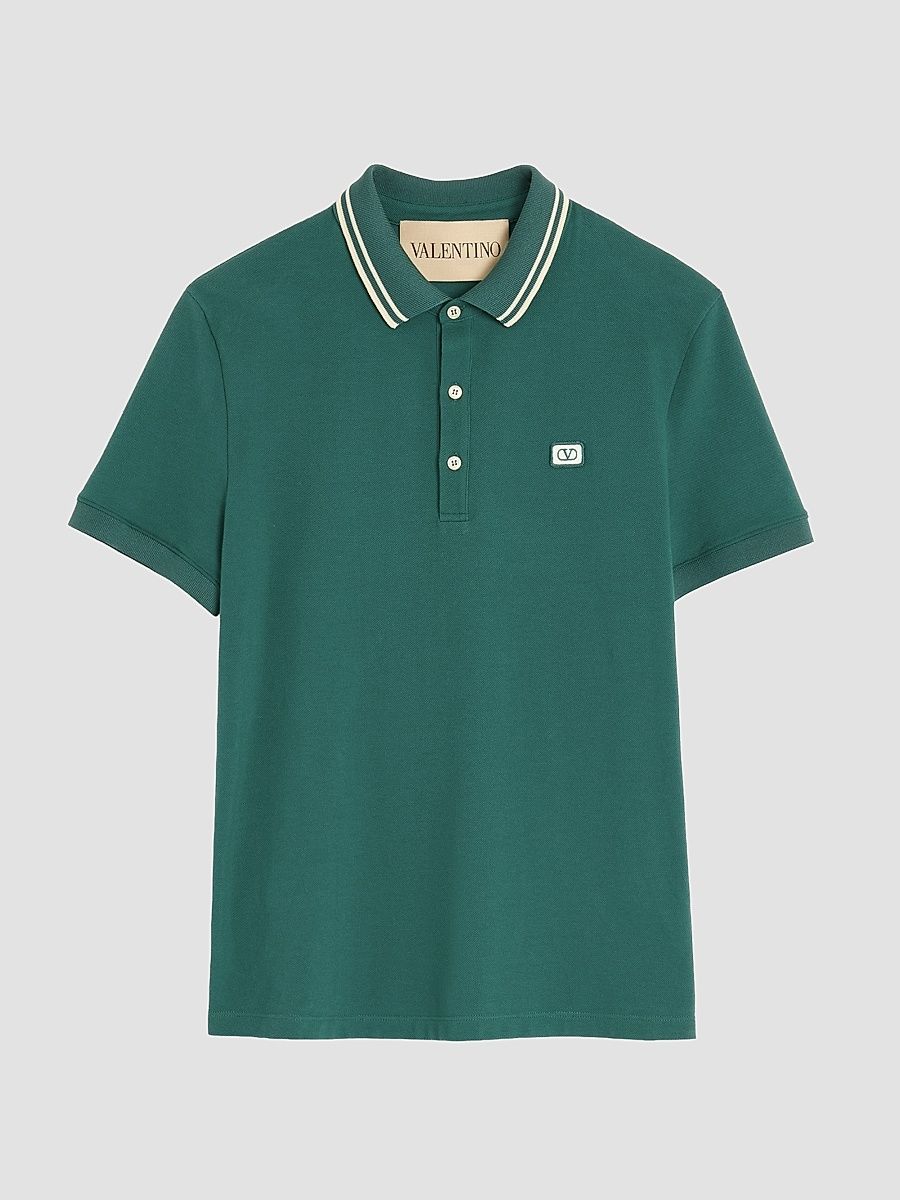 Men's Cotton Piqué Polo Shirt with VLogo Patch - Dark Green - Size XL