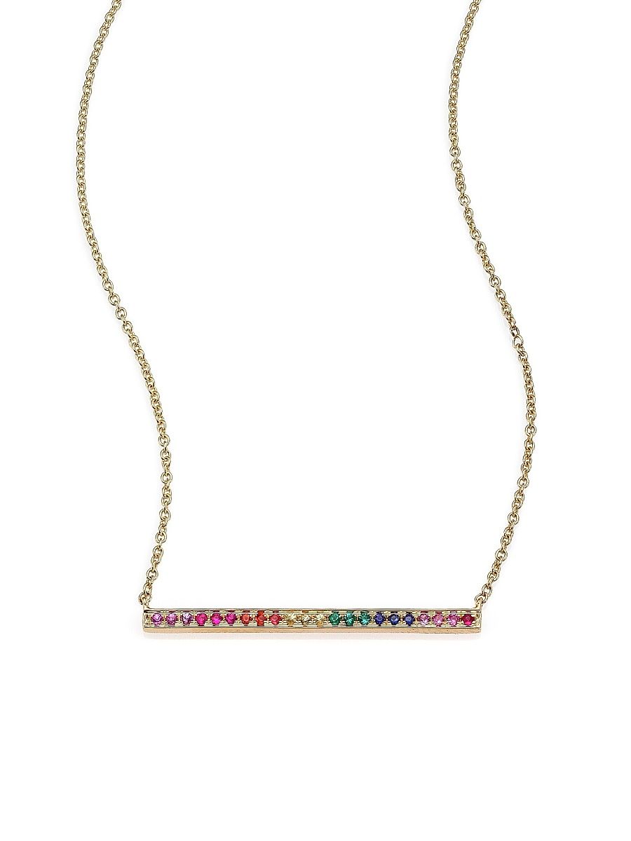 Women's Rainbow Multicolor Sapphire, Emerald & 14K Yellow Gold Long Bar Necklace