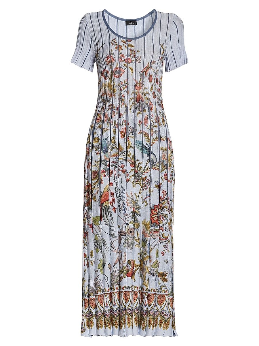 Women's Floral Pleated Knit Maxi Dress - Multicolor Azure Base - Size 10