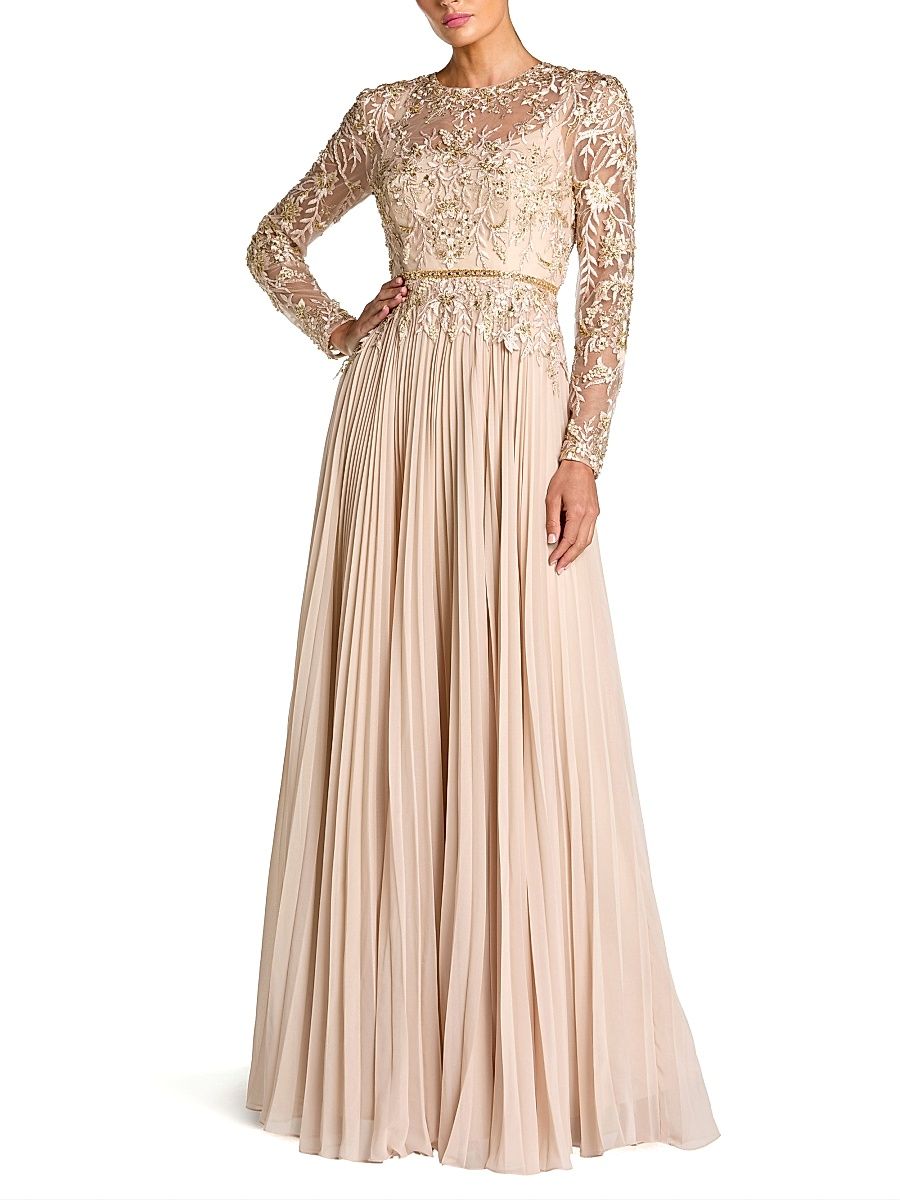 Women's Floral-Embroidered Pleated Gown - Taupe - Size 4