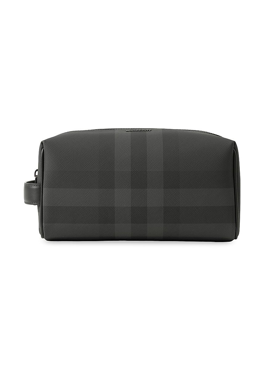 Men's Check Leather-Trimmed Travel Pouch - Charcoal