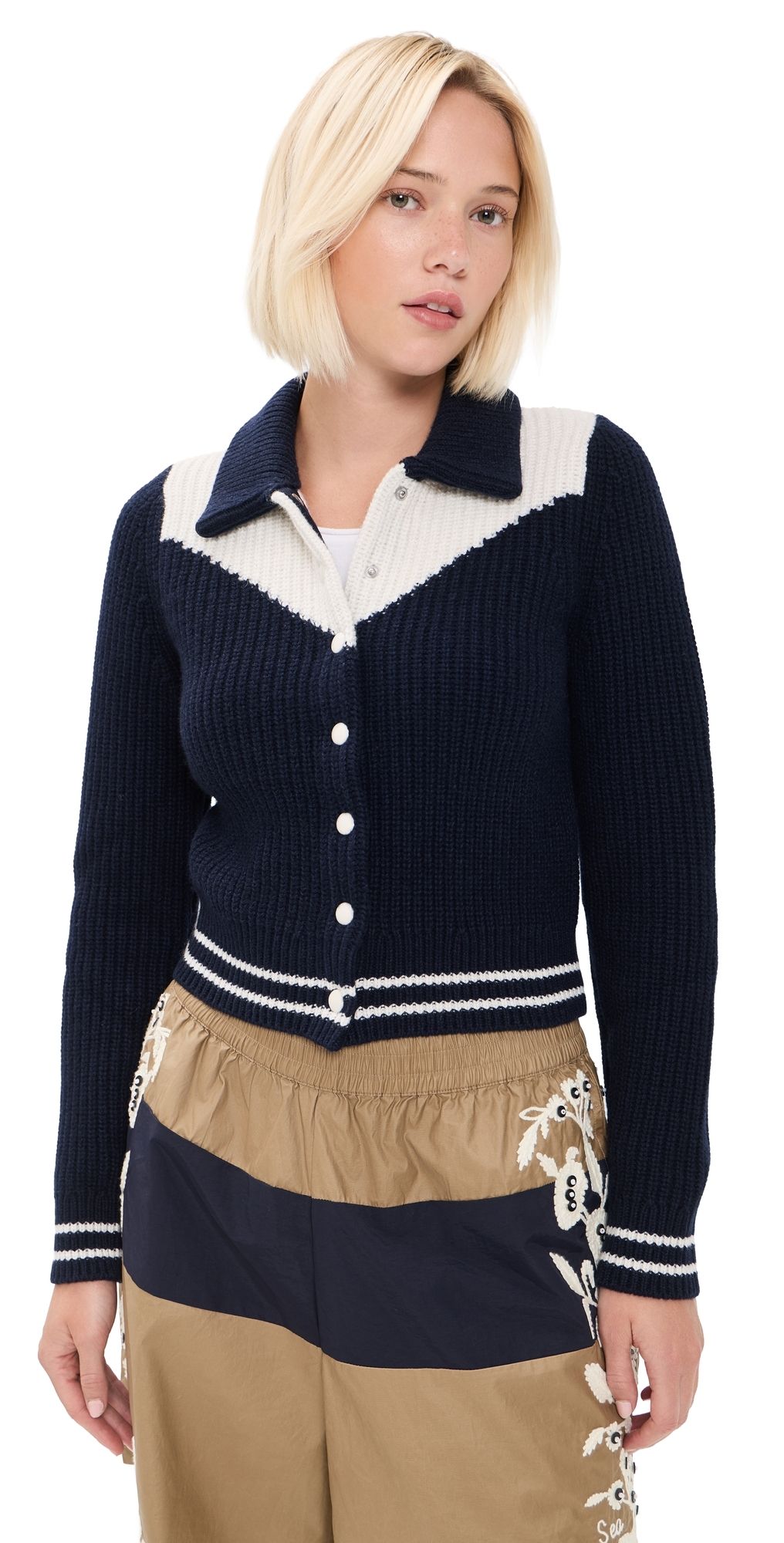MOTHER The Baby Raquette Cardigan Navy And Ivory M