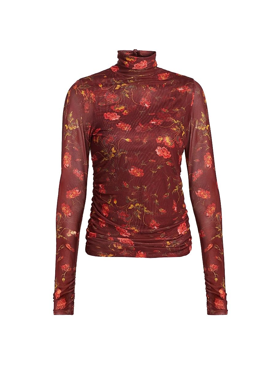 Women's Falling Poppies Mesh Turtleneck Top - Rhubarb Multi - Size XS
