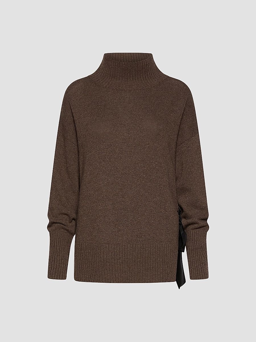 Women's Cashmere Blend Mock Polo Neck Jumper with Silk Sash - Dark Bown - Size XS