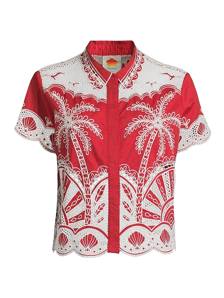 Women's Palm Trees Crochet Short-Sleeve Shirt - Red - Size Large