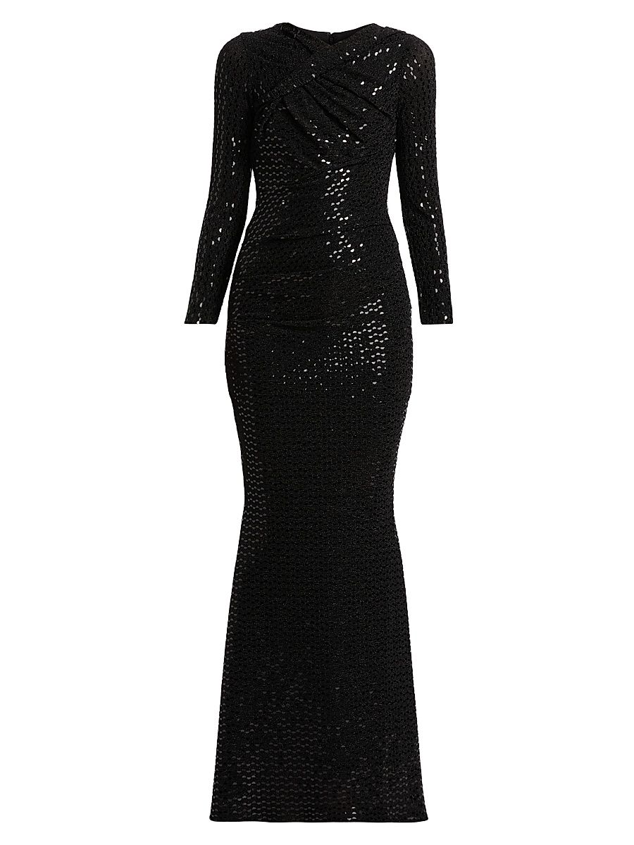 Women's Foil Jersey Long-Sleeve Gown - Black - Size 12