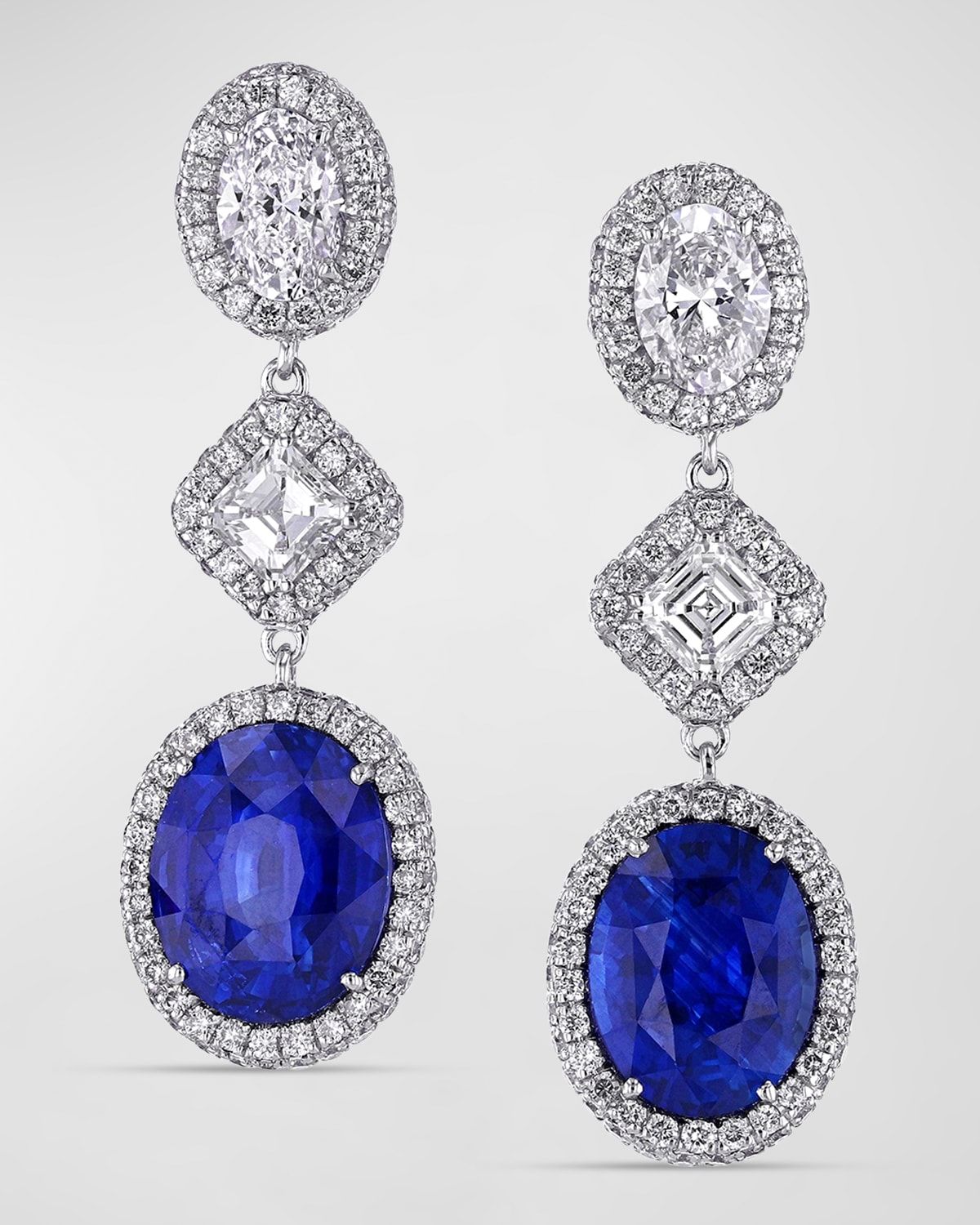 18K White Gold Dangling Diamond and Sapphire Earrings, 1.29"L x 0.44"W