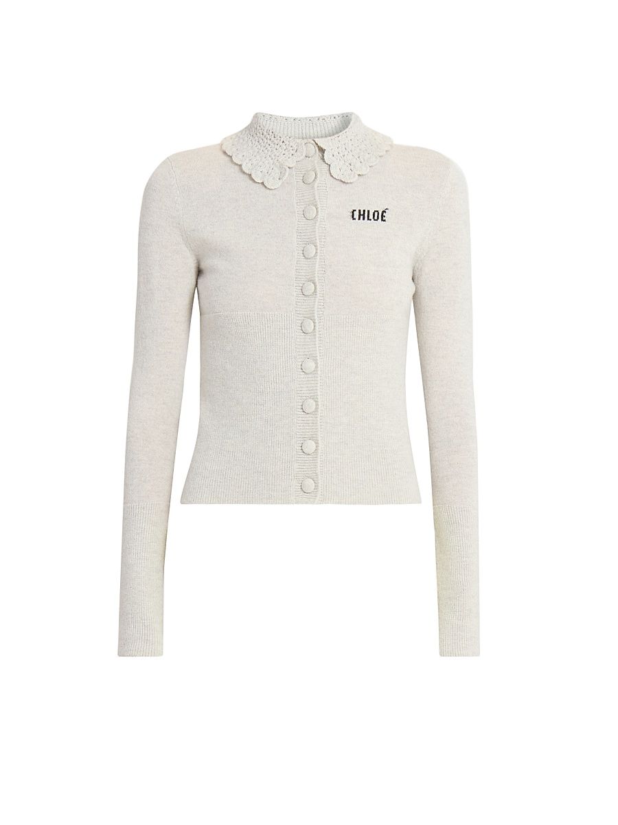 Women's Logo Crochet Collar Wool Cardigan - Sweet Grey - Size XS