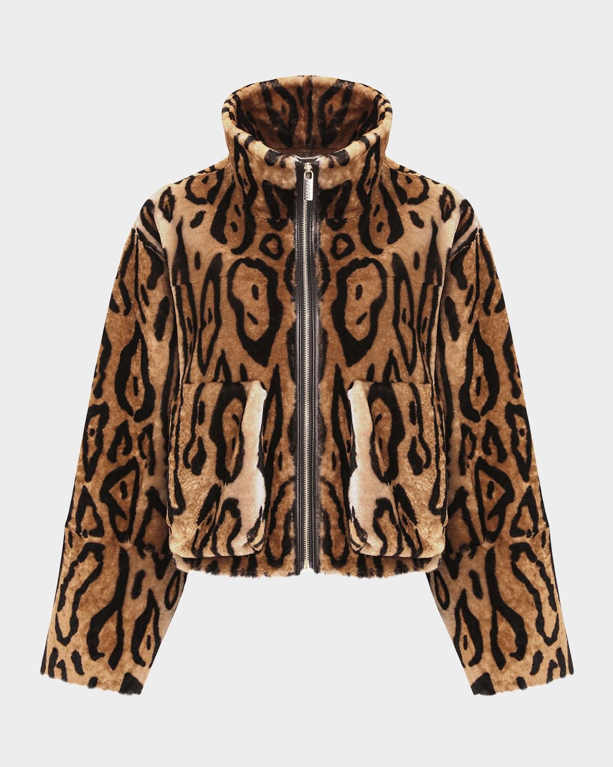 Ocelot-Print Shearling Lamb Zip Jacket