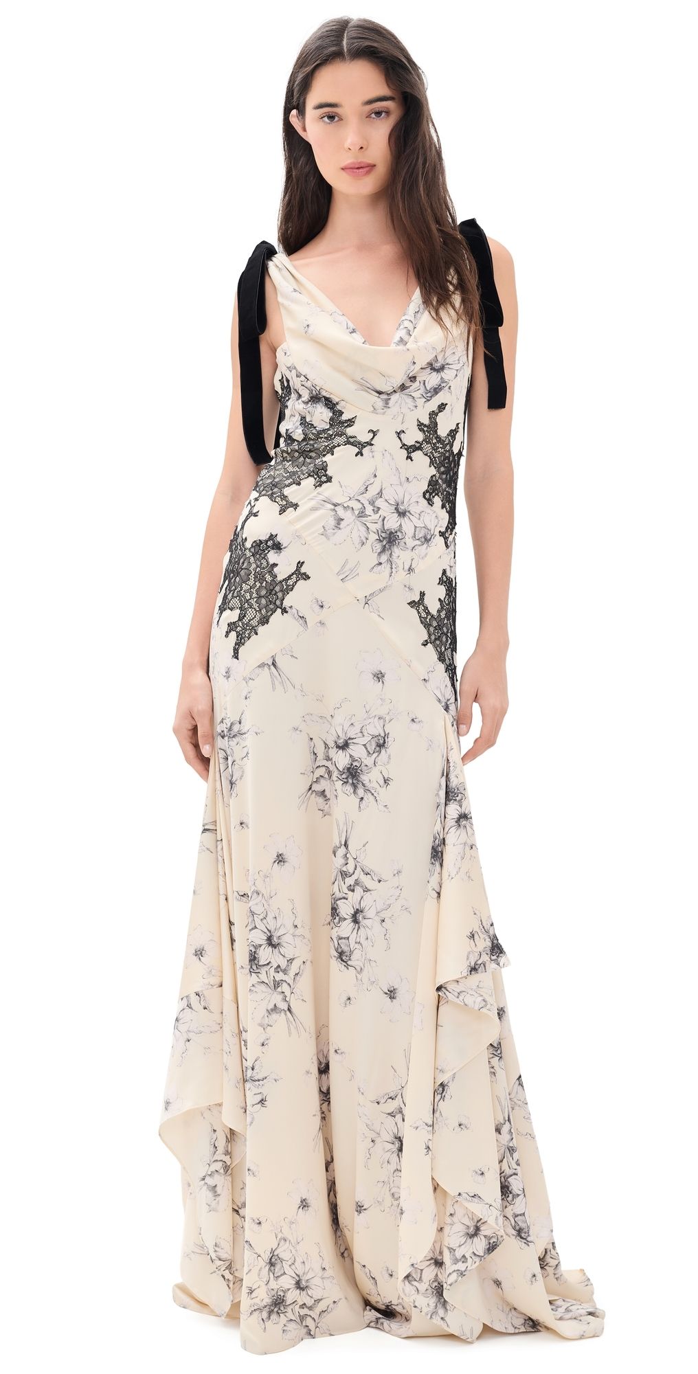 Cinq à Sept Hand Sketched Floral Antonella Gown Gardenia/Black 2