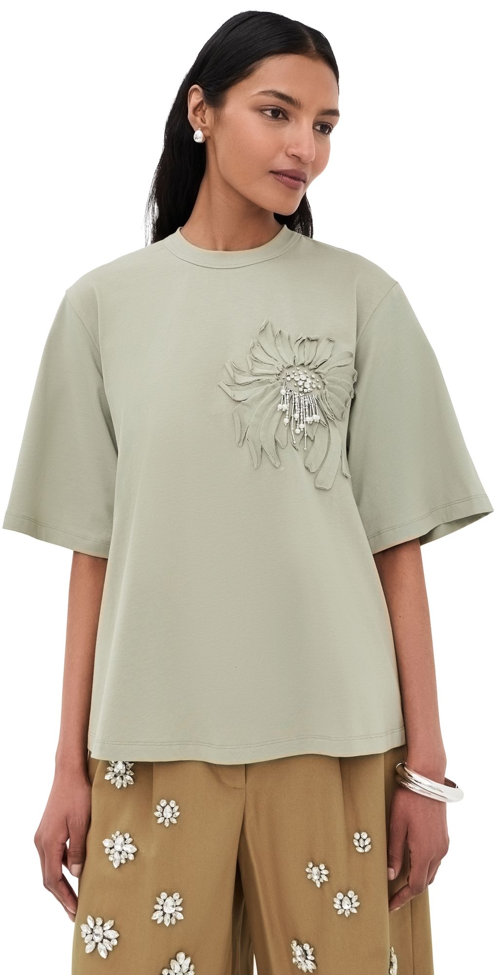 3.1 Phillip Lim Trapeze Tee with Floral Applique Sage L