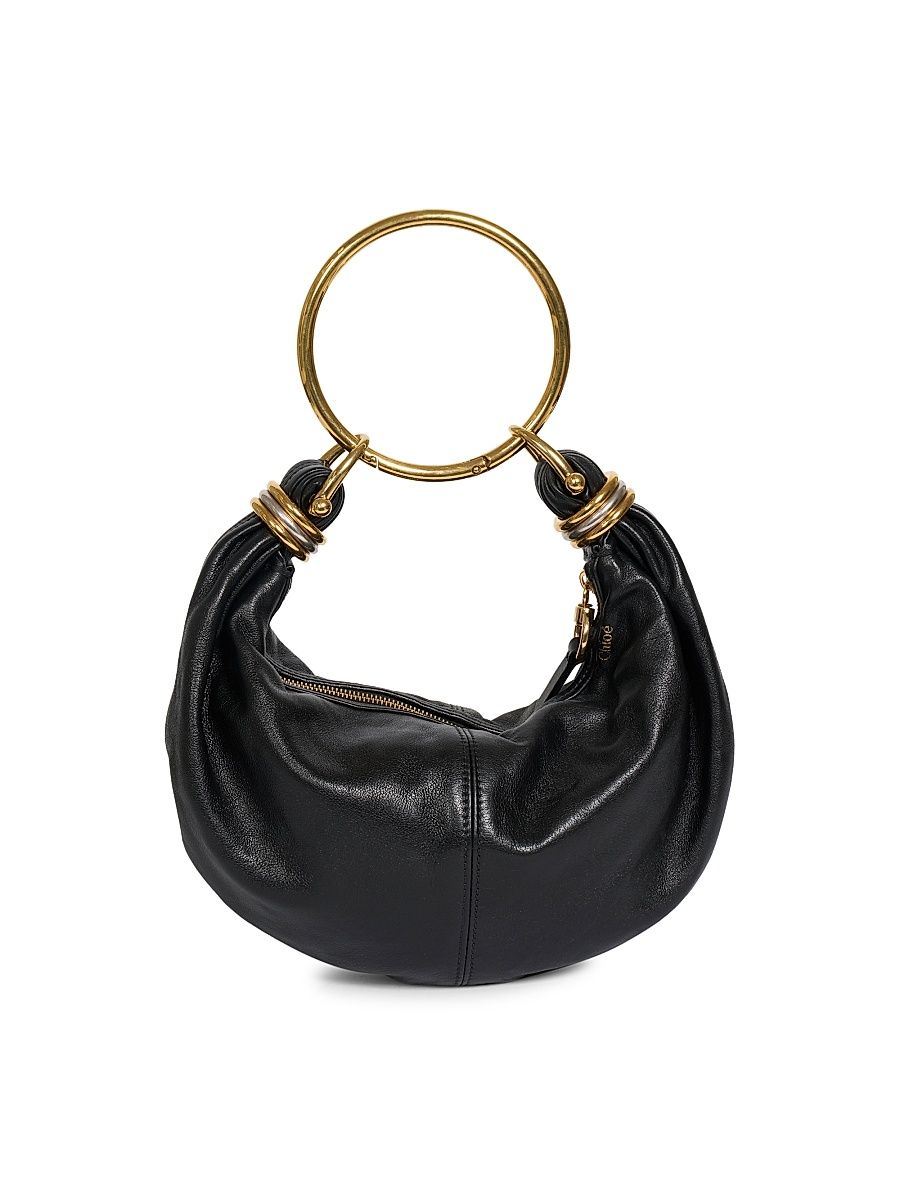 Women's Small Bracelet Grained Leather Hobo Bag - Black