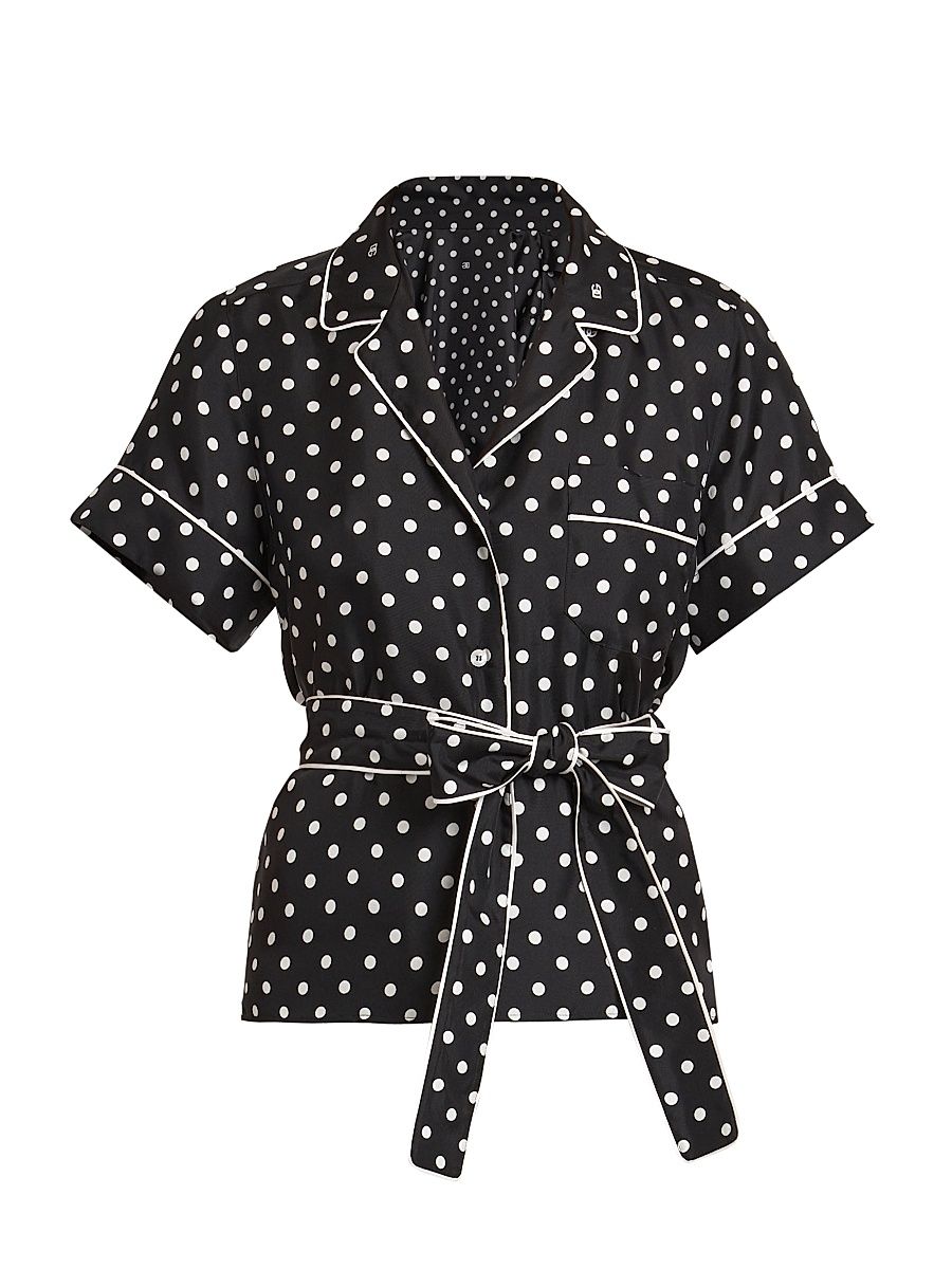 Women's Polka-Dot Silk Belted Pajama Shirt - Black White - Size 8