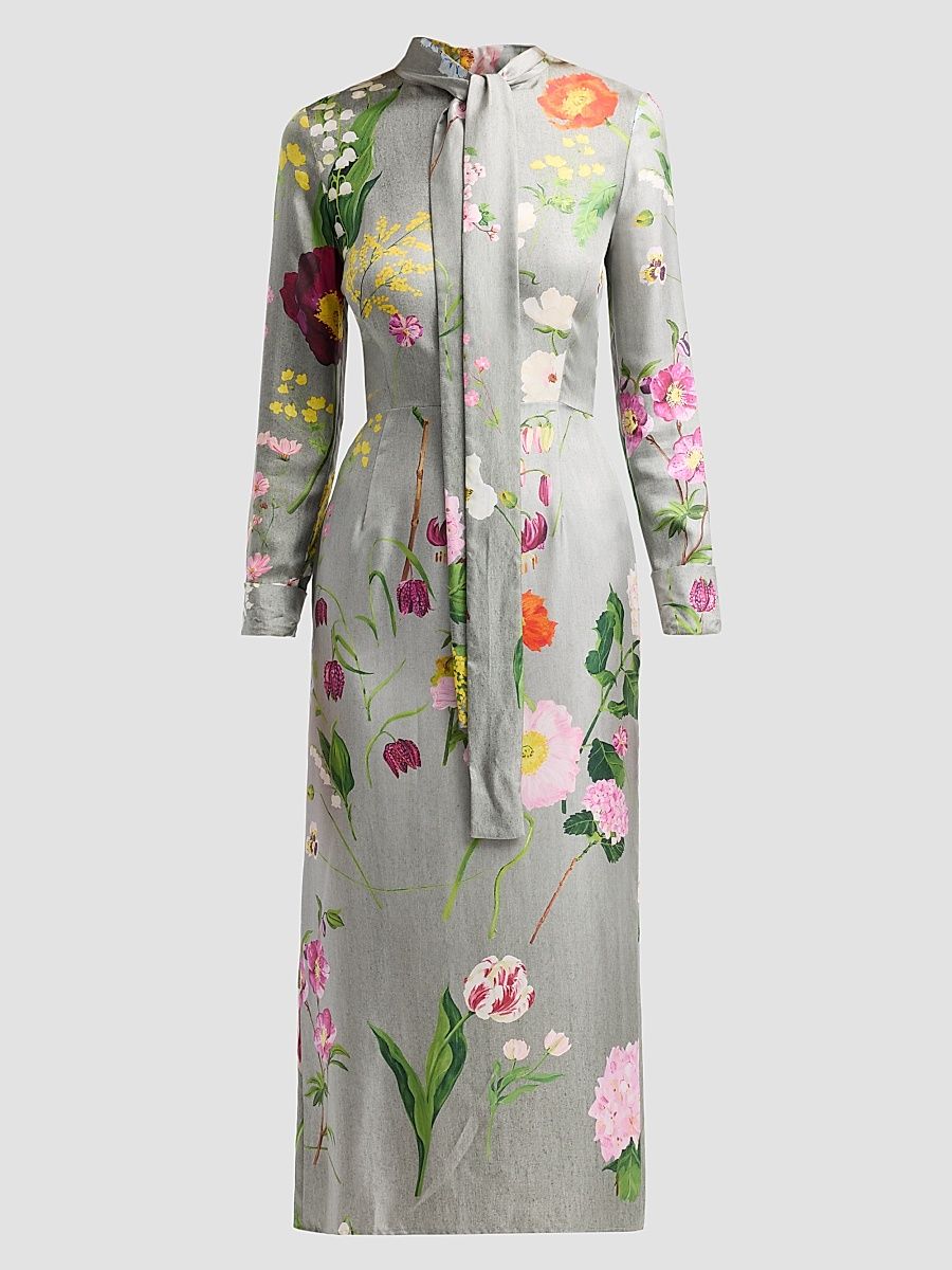 Women's Mixed Botanical Silk Long-Sleeve Midi Dress - Grey Multi - Size 2