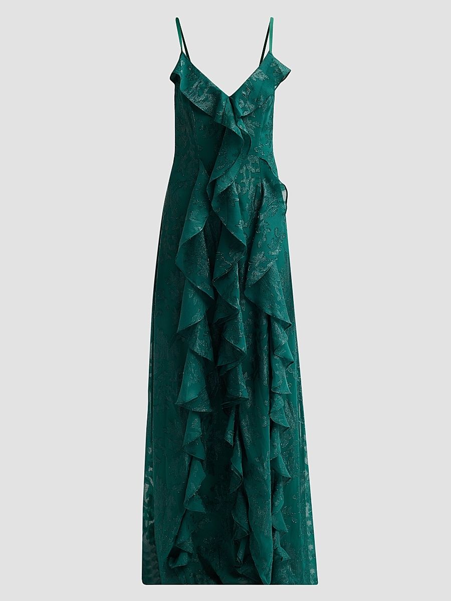 Women's Penelope Flocked Ruffled Gown - Deep Emerald Jacquard - Size 6