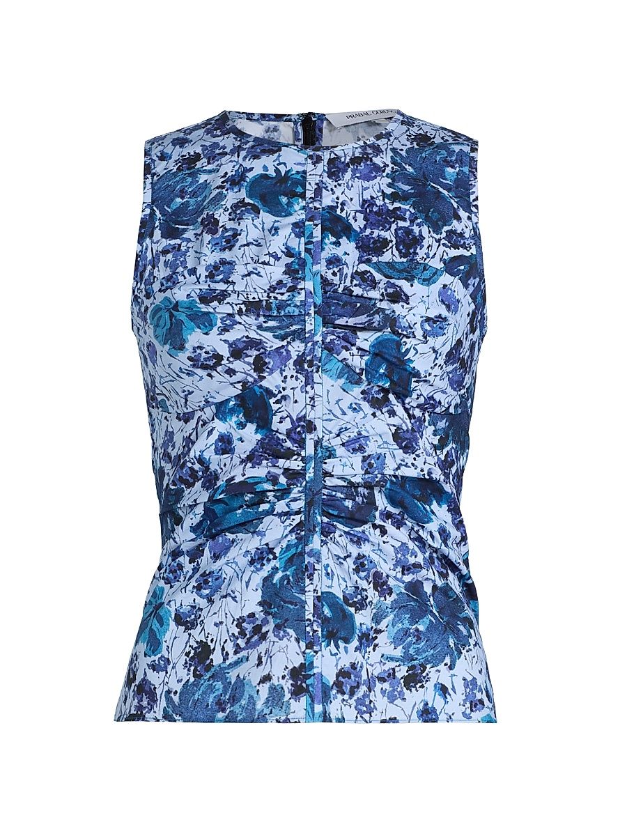 Women's Floral Cotton-Blend Ruched Top - Blue Multi - Size 10