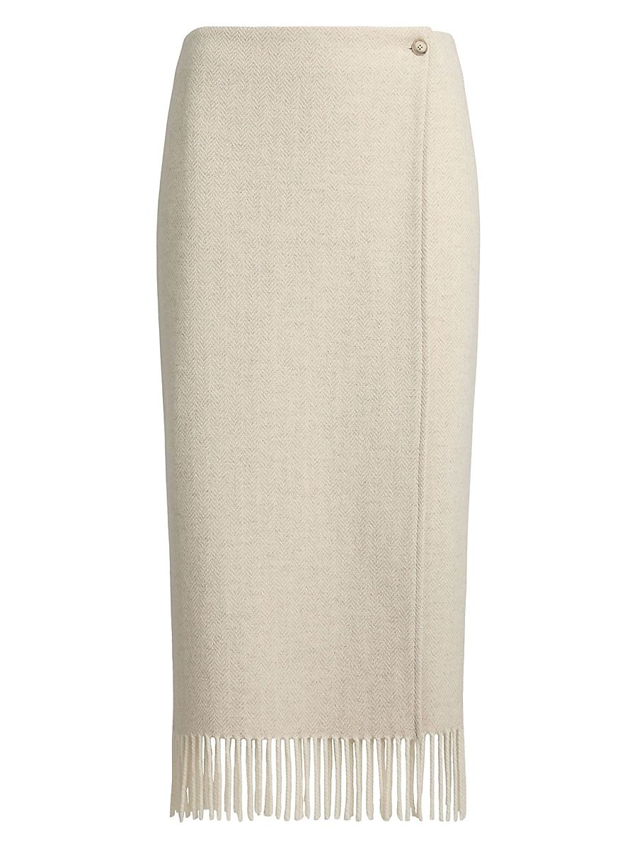 Women's Herringbone Wool Fringe Pencil Skirt - Cream Herringbone - Size 6