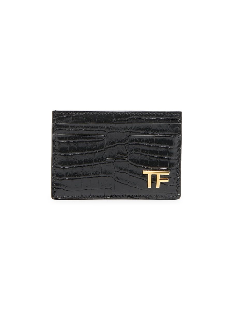 Men's Gold-Tone Logo Leather Card Holder - Black