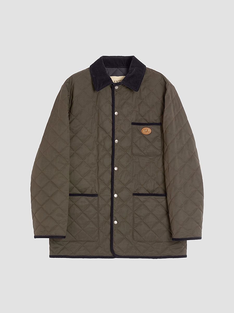 Men's Quilted Nylon Shirt Jacket with VLogo Patch - Olive Green - Size 48
